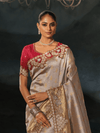 Silver Grey Embroidered Designer Tissue Silk Saree With Contrast Blouse