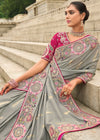 Silver Grey Embroidery Designer Silk Saree