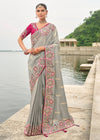 Silver Grey Embroidery Designer Silk Saree