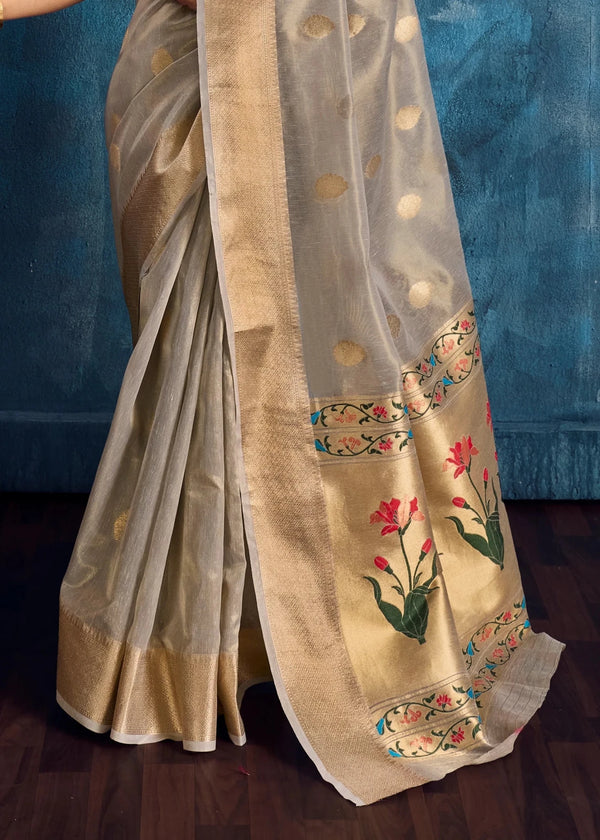 Silver Grey Paithani Tissue Silk Saree