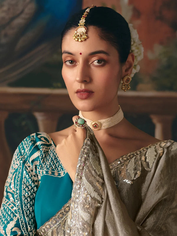 Silver Grey Tissue Silk Saree with Teal Contrast Blouse