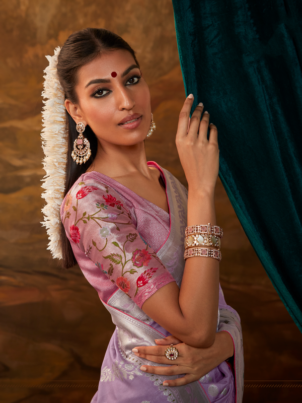 Lavender Banarasi Organza Silk Saree With Contrast Blouse