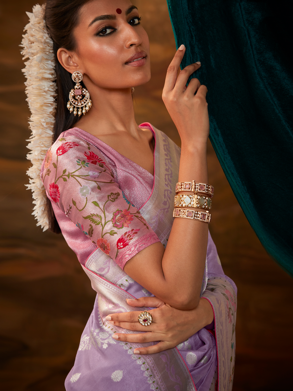 Lavender Banarasi Organza Silk Saree With Contrast Blouse