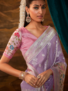 Lavender Banarasi Organza Silk Saree With Contrast Blouse