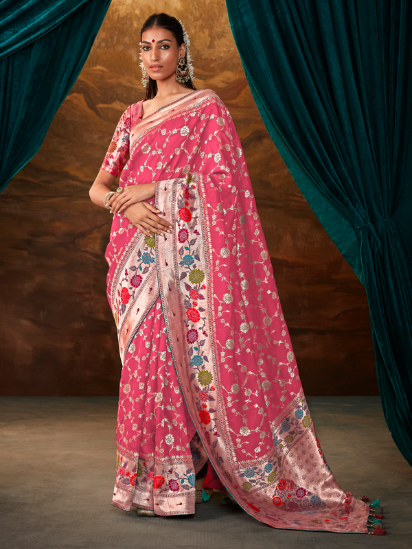 Rani Pink Banarasi Organza Silk Saree