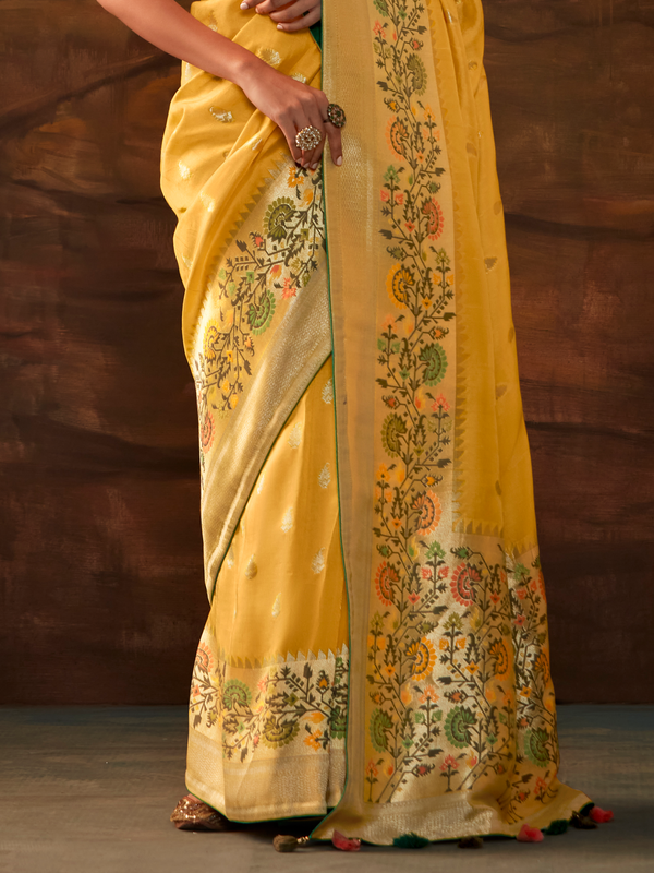 Golden Yellow Banarasi Organza Silk Saree