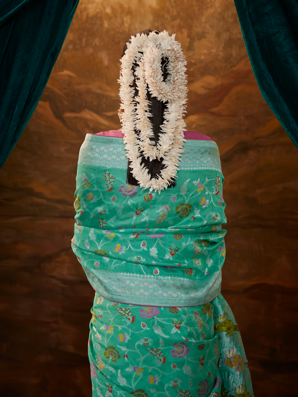 Sea Green Banarasi Organza Silk Saree With Contrast Blouse
