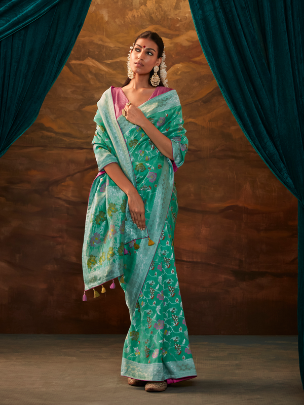 Sea Green Banarasi Organza Silk Saree With Contrast Blouse