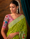 Lime Green Banarasi Organza Silk Saree With Contrast Blouse