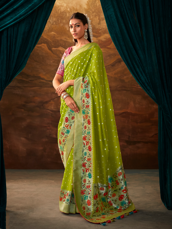 Lime Green Banarasi Organza Silk Saree With Contrast Blouse