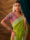 Lime Green Banarasi Organza Silk Saree With Contrast Blouse