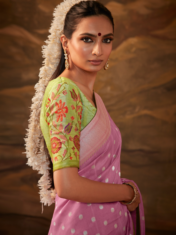 Baby Pink Banarasi Organza Silk Saree With Contrast Blouse