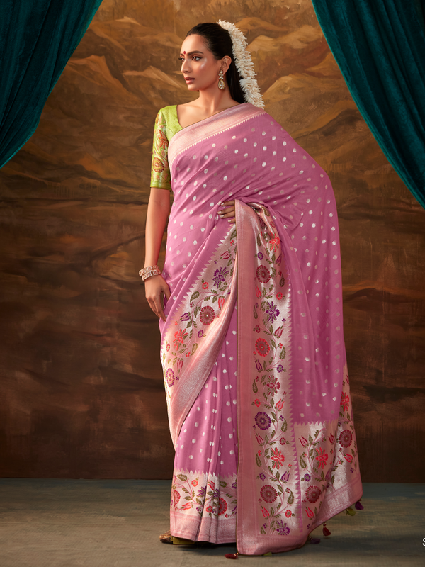 Baby Pink Banarasi Organza Silk Saree With Contrast Blouse