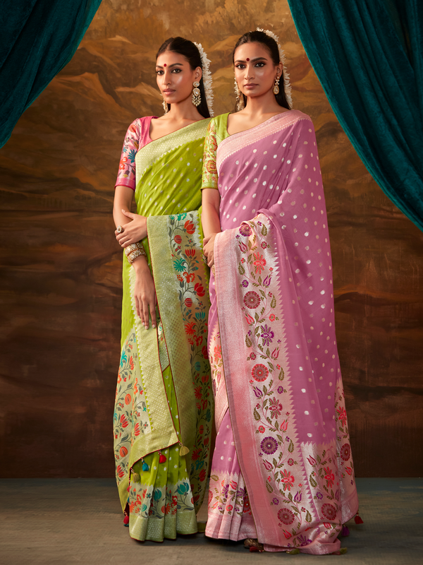Baby Pink Banarasi Organza Silk Saree With Contrast Blouse