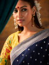 Navy Blue Banarasi Organza Silk Saree With Contrast Blouse