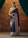 Navy Blue Banarasi Organza Silk Saree With Contrast Blouse