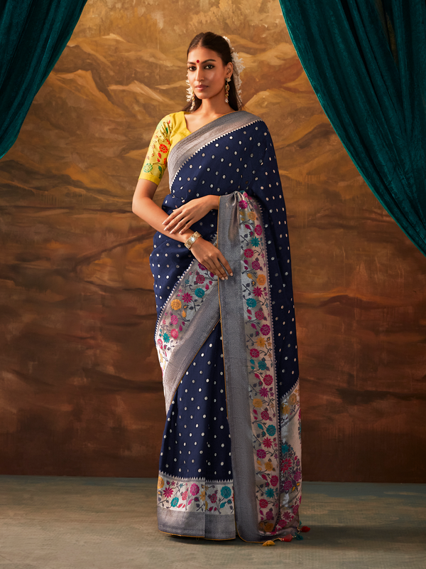 Navy Blue Banarasi Organza Silk Saree With Contrast Blouse