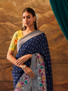 Navy Blue Banarasi Organza Silk Saree With Contrast Blouse