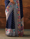Navy Blue Banarasi Organza Silk Saree With Contrast Blouse