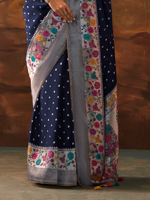 Navy Blue Banarasi Organza Silk Saree With Contrast Blouse