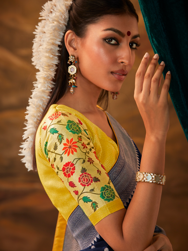 Navy Blue Banarasi Organza Silk Saree With Contrast Blouse