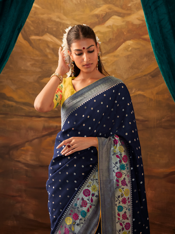 Navy Blue Banarasi Organza Silk Saree With Contrast Blouse