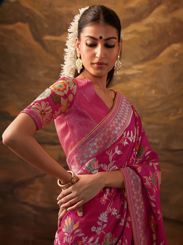 Magenta Banarasi Organza Silk Saree