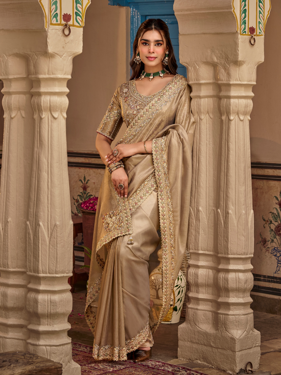 Beige Gold Embroidered Designer Tissue Silk Saree