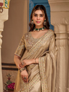 Beige Gold Embroidered Designer Tissue Silk Saree