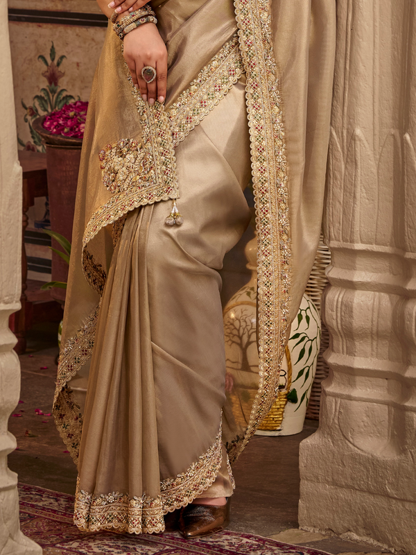 Beige Gold Embroidered Designer Tissue Silk Saree