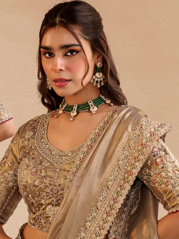 Beige Gold Embroidered Designer Tissue Silk Saree