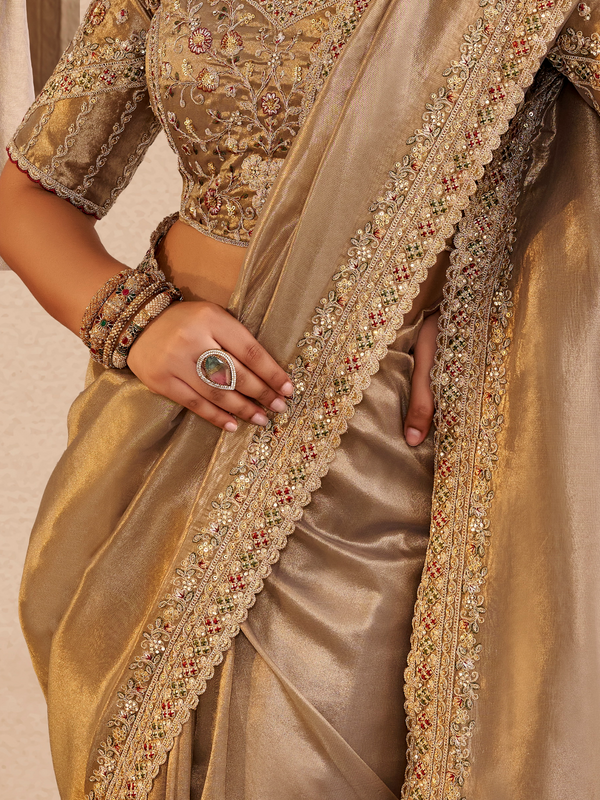 Beige Gold Embroidered Designer Tissue Silk Saree
