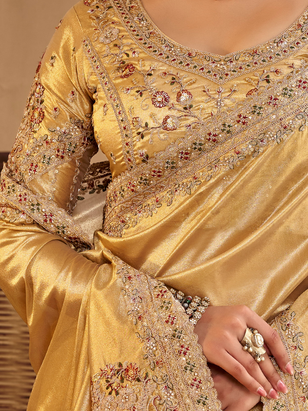 Gold Embroidered Designer Tissue Silk Saree