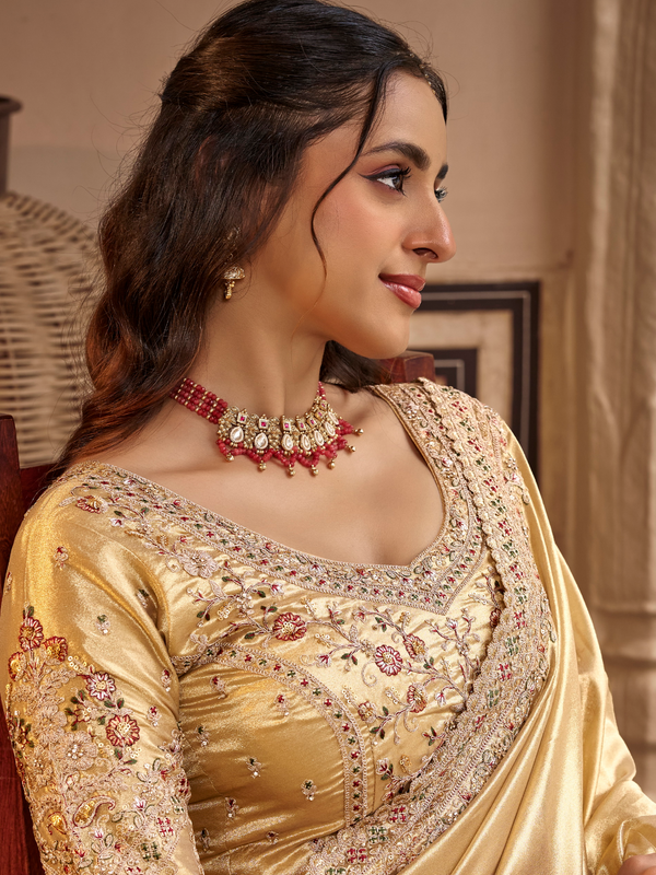 Gold Embroidered Designer Tissue Silk Saree