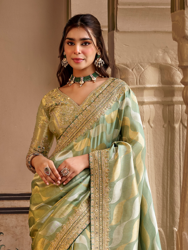 Pista Green Embroidered Designer Tissue Silk Saree