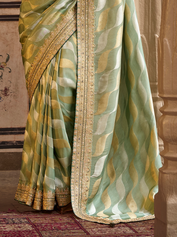 Pista Green Embroidered Designer Tissue Silk Saree