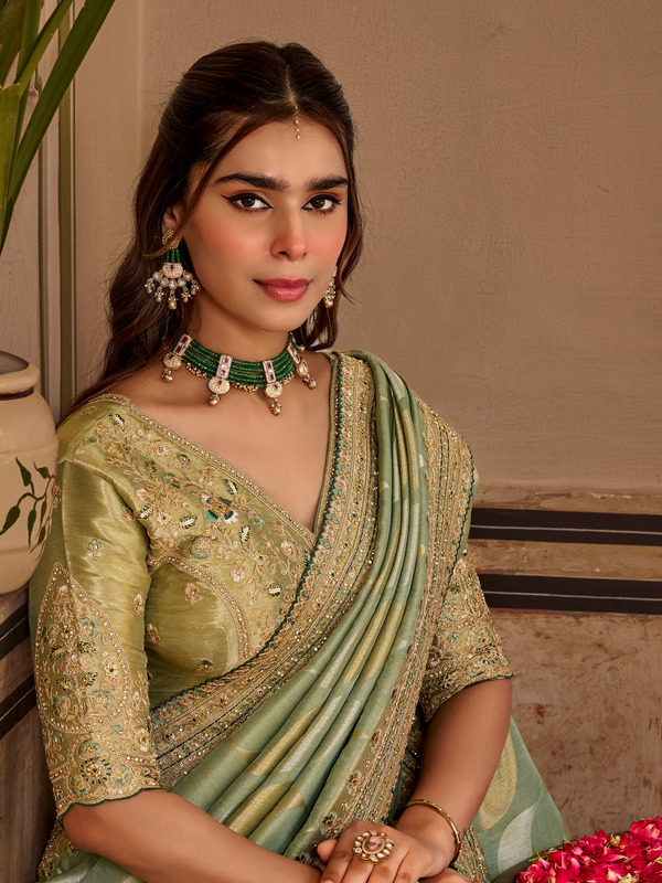 Pista Green Embroidered Designer Tissue Silk Saree