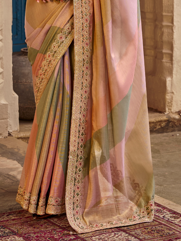 Peach Pink Embroidered Designer Tissue Silk Saree