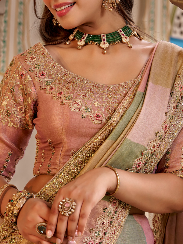 Peach Pink Embroidered Designer Tissue Silk Saree