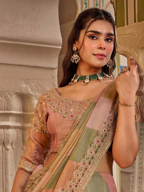 Peach Pink Embroidered Designer Tissue Silk Saree