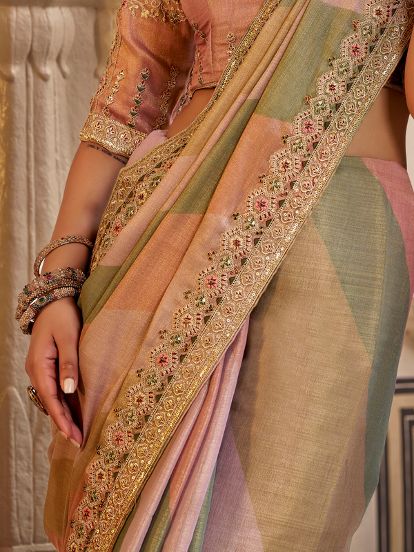 Peach Pink Embroidered Designer Tissue Silk Saree