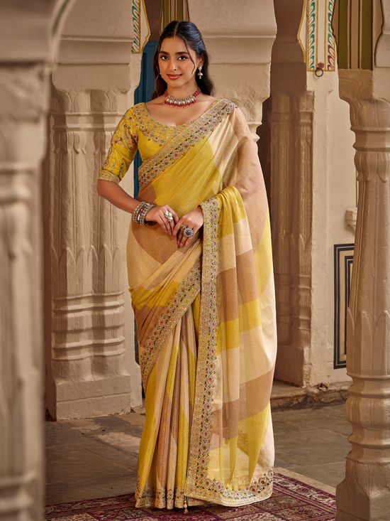 Lemon Yellow Embroidered Designer Tissue Silk Saree