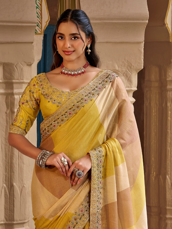 Lemon Yellow Embroidered Designer Tissue Silk Saree