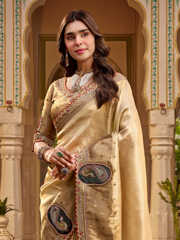 Beige Gold Embroidered Designer Tissue Silk Saree