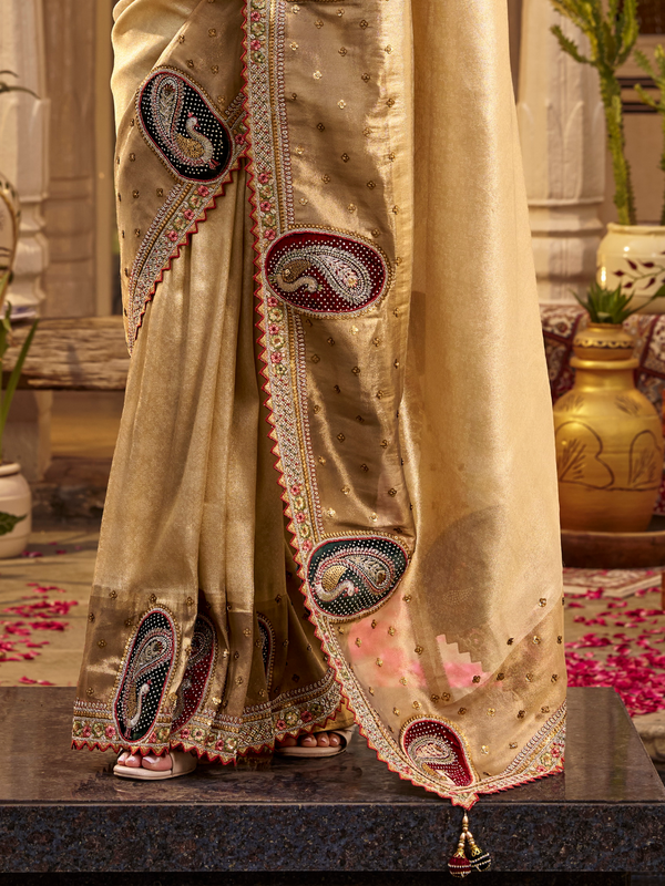 Beige Gold Embroidered Designer Tissue Silk Saree
