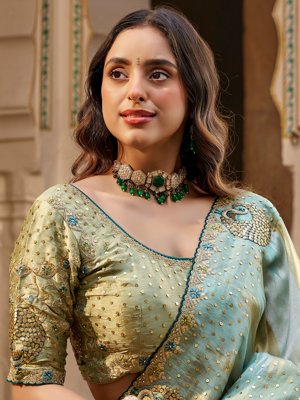 Pista Green Embroidered Designer Tissue Silk Saree