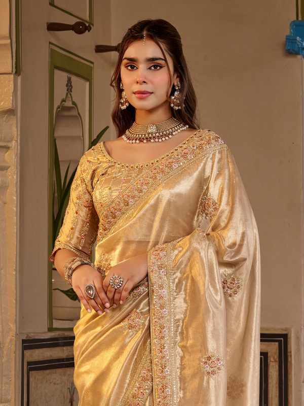 Light Gold Embroidered Designer Tissue Silk Saree