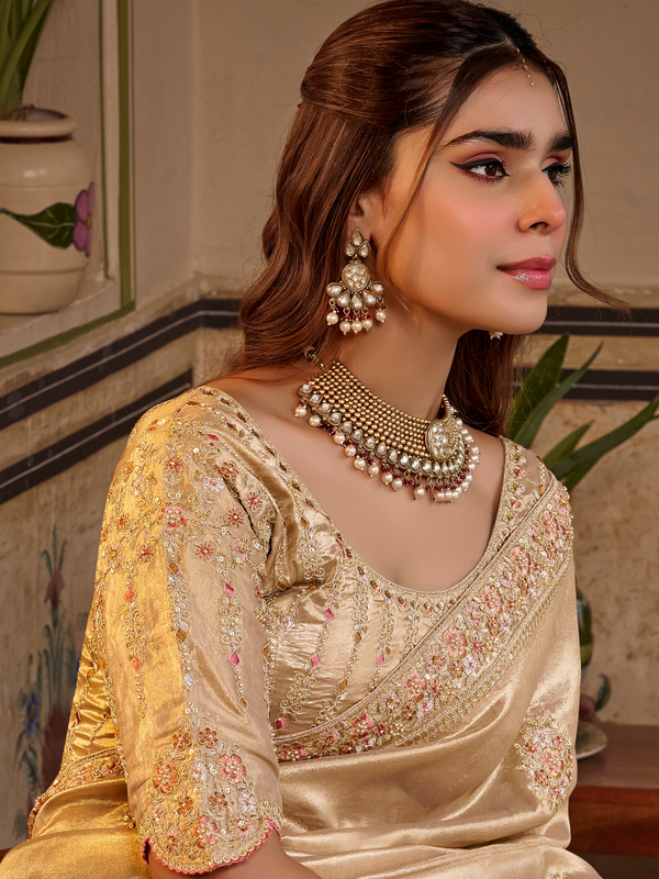 Light Gold Embroidered Designer Tissue Silk Saree