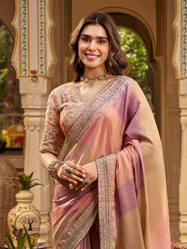 Dusty Pink Embroidered Designer Tissue Silk Saree