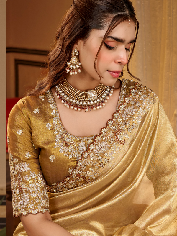 Gold Embroidered Designer Tissue Silk Saree